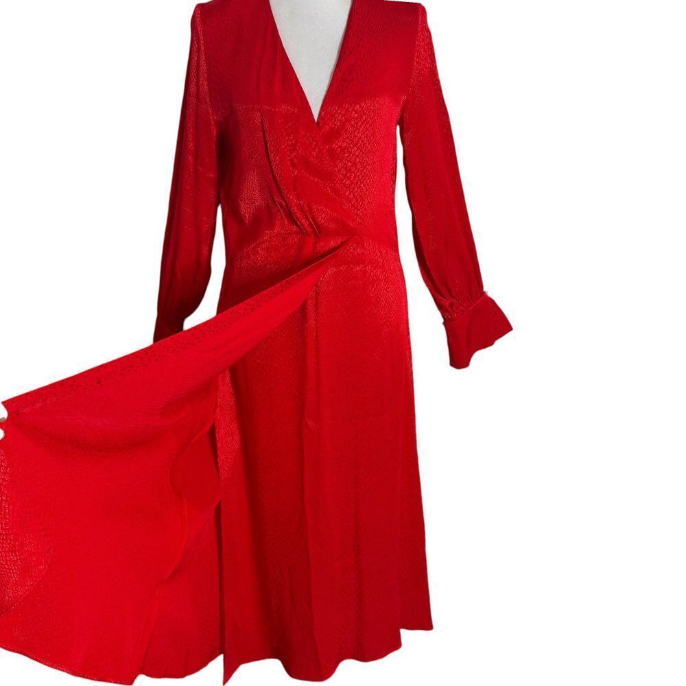 H&M Faux Wrap Midi Dress Women Size 4 Red V Neck Printed Flowy Romantic Holiday